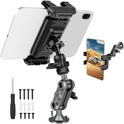 Immagine prodotto di Supporto universale girevole a 360° per tablet e smartphone, compatibile con auto, camion e camper – realizzato in lega di alluminio, con base in metallo, adatto per dispositivi da 4,7 a 13 pollici, dotato di 2 giunti sferici