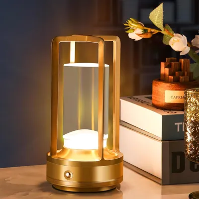 Produktbild von Tragbare Innen-/Außentischlampe aus Metall, kabellose wiederaufladbare LED-Lampe, 3 Farben stufenlos dimmbar, Beleuchtung für Restaurant/Schlafzimmer