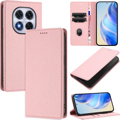 Produktbild von Litchi Leder Handyhülle für Xiaomi Redmi Note 14 Pro 4G Wallet Kartenfächer Standfunktion Hülle Pink