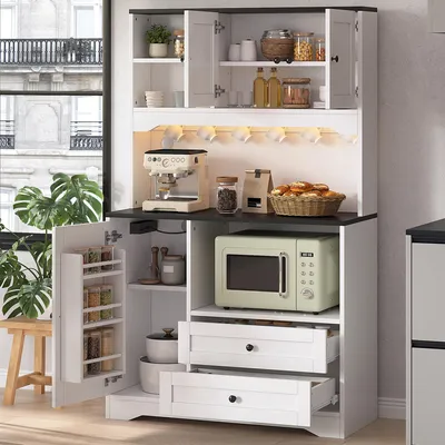 Produktbild von STILVORA Küchenschrank mit LED-Beleuchtung und Steckdosen, Mikrowellenschrank mit verstellbaren Einlegeböden und Gewürzregal, Hochschrank mit USB-Anschluss