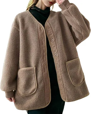 Produktbild von Damen Teddy Jacke Langarm Warme Strickjacke Winter Verdickte Jacke Mantel Wintermantel Warm Cardigan Strickjacke mit Taschen,braun, XL