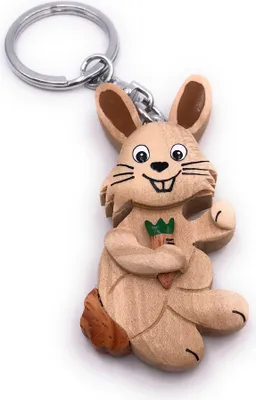 Produktbild von Onwomania Schlüsselanhänger aus Holz Hase Hoppler Klopfer Kaninchen mit Kartotte Ostern Anhänger Charm