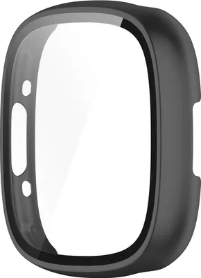 A black protective case with a clear screen protector for a smartwatch.