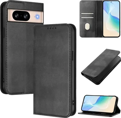 Produktbild von Handyhülle für Google Pixel 8, Vintage Leder RFID Schutz Kartenfach Standfunktion Magnetische Klapphülle Schwarz