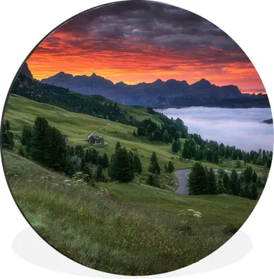 Produktbild von MuchoWow® Aluminium Wandkreis Gras - Berge - Abend Ø 90 cm Wanddeko Modern Wohnzimmer - Mauerkreis - Wandbilder - Runde Bild - Bild aus Aluminium - Schlafzimmer - Wohnzimmerdekoration - Wand Dekoration