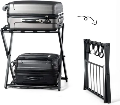 Produktbild von Kofferständer Metall, Gepäckständer Klappbar, Gepäckablage 2 Ablagen, Kofferablage für Schlafzimmer, Wohnzimmer & Hotel, Ständer für Koffer & Gepäck, Schwarz (1 Pack)