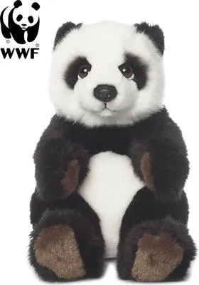 A stuffed panda toy sits in front of a white background, with the WWF logo in the top left corner.