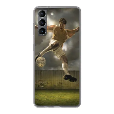 Produktbild von MuchoWow® Handyhülle Schutzhülle Hülle für Samsung Galaxy S21 Eine Illustration eines Fußballspielers, der den Ball schießt - Jungen - Kinder Silikon Softcase Handy Hülle - Softcase