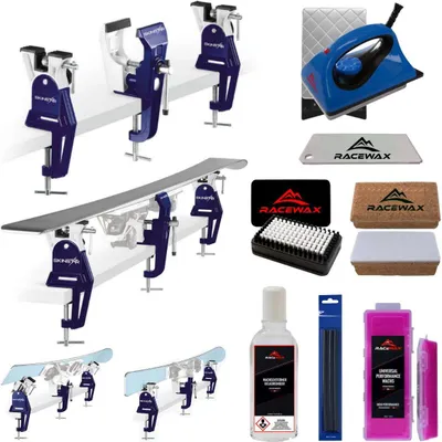 Zdjęcie produktu dla Zestaw do smarowania nart RaceWax, 8-częściowy: profesjonalny uchwyt do nart Racing Ski Vice, żelazko i zestaw smarów