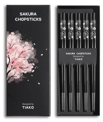 Essstäbchen-Set 5 Paar, 18/8 Edelstahl, Sakura-Design, schwarz