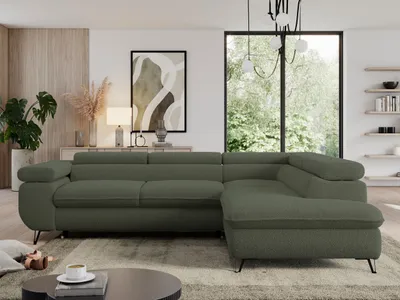 Produktbild von Couch mit Schlaffunktion, L-form Ecksofa, Wohnzimmersofa, mit Einstellbare Kopfstützen - PEDRO L - Boucle - Grün - Rechts
