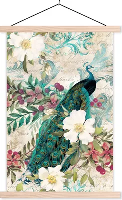 Produktbild von MuchoWow® Textilposter Kunst - Pfau - Blumen 40x60 cm mit holzfarbenen Rahmen - Poster