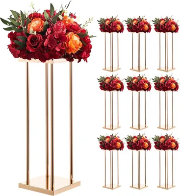 Produktbild von Blumenständer - Pflanzenhocker/Dekosäule - Set 10 Stück - Größe 20 x 20 x 60 cm - Mit Metallablage - Zylindrische Beine - Für Hochzeit, Party & Tischdeko