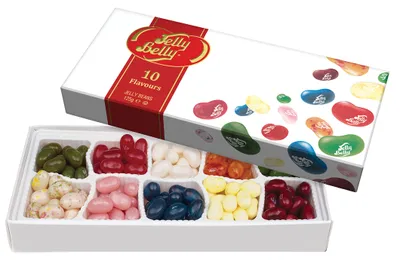 Produktbild von Jelly Belly 10 Flavour Gift Box, Gummibärchen, 125 g, Apfel, Heidelbeere, Kirsche (Frucht), Kokosnuss, Fruits, Pfirsich, Wassermelone, Mehrfarbig, 1530 kJ, 360 kcal
