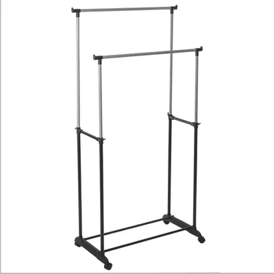 A double-tiered garment rack with wheels, shown against a white background.