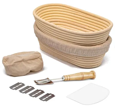 Gärkorb oval, 2er Set, 25 cm, mit Leineneinlage und Teigschaber