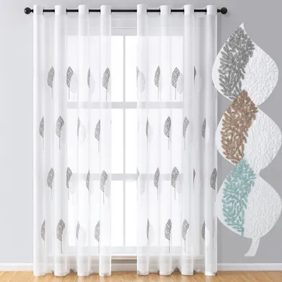 Obrázek produktu pro sada 2 listů Výšivka Záclony Sheer Eyelet Záclony pro obývací pokoj dekorace Voile záclony s šedou a bílou listy 140x225cm