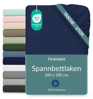 Immagine prodotto di Lenzuolo con angoli per materasso a due piazze, in microfibra, colore blu scuro, altezza del materasso 25 cm