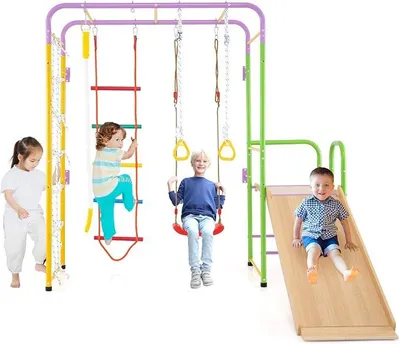 Produktbild von Klettergerüst Indoor, Montessori Spielplatz mit Rutsche, Schaukel & Kletterseile, Kletterwand mit Kletternetz, Ringe & Strickleiter, Kletterspielzeug für Kinder ab 3 Jahren, Bunt