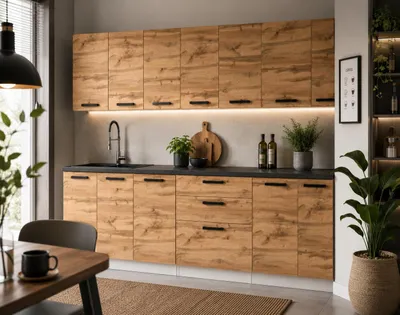 Produktbild von ULWEHOME | Küchenzeile 2,6 m Eiche Wotan, Küchenmöbel-Set mit Hängeschränken,Spülenschrank, 3-Schubladen-Unterschrank & geteilten Arbeitsplatten 180cm