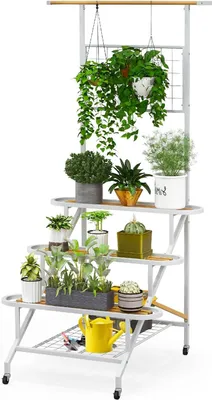 Produktbild von GOPLUS Blumentreppe mit Rankgitter, 3 Ebenen Blumenständer, Pflanzenregal, multifunktional Regal für Wohnzimmer, Garten & Balkon, 80 x 85 x 175,5 cm
