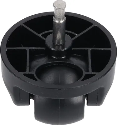 A close-up, studio shot of a black and silver vacuum cleaner wheel with a metal pin.