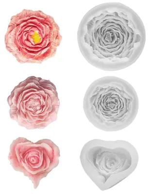 Immagine prodotto di Stampo in silicone 3D a forma di fiori: 2 peonie, 1 rosa, per sapone, candele, cioccolato, trasparente, confezione da 3 pezzi