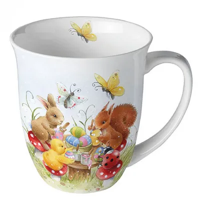 Produktbild von Ambiente Porzellan,  Kaffeetasse Henkelbecher Teetasse Mug 0,4 l Fine Bone China Porzellan Osterhasen, Ostern, Serie painting class - Malkurs  Motiv