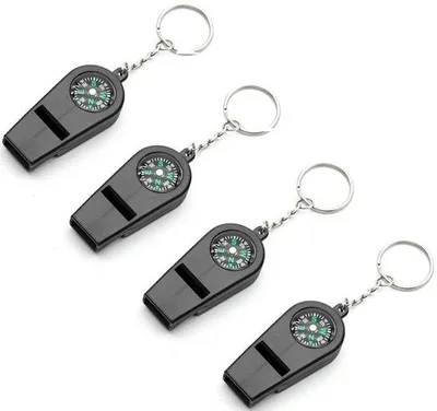 Productafbeelding van 4 stuks noodfluitjes met sleutelring - 2-in-1 noodfluitjes met kompas - Overlevingsfluitje - Noodfluitje voor calamiteiten - Luid alarmfluitje voor noodsituaties - Geschikt voor wandelen, varen, sport, reddingswerk en kamperen - Zwart