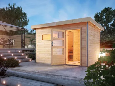 Produktbild von KARIBU Naturbelassen Saunahaus Enns 1 mit Klarglastür und Vorraum, 38 mm Fichtenholz, Garten Sauna mit Mineralwolldämmung, zwei Espenholz Bankliegen, Ofenschutzgitter und Massivholzboden