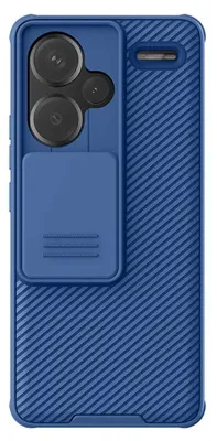 A blue phone case with a sliding camera cover is shown from the back.