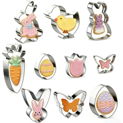 Produktbild von 10-teiliges Oster-Ausstechformen-Set, Ausstechformen aus Edelstahl, Ostermotive mit Hase, Ei, Karotte, Tulpe, Küken und Schmetterling, Ausstechformen-Set zur Osterdekoration