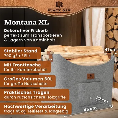 Produktbild von BLACK OAK Montana XL 60L Holzkorb aus Filz hellgrau – Kaminholz und Brennholz Korb mit Griffen und Echtleder Applikationen