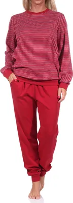 Produktbild von Kuscheliger Interlock Damen Pyjama Schlafanzug mit Bündchen in Streifenoptik - 212 201 225 ; rot , 48