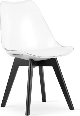 A clear, studio shot of a modern chair with a transparent seat and black legs, isolated on a white background.