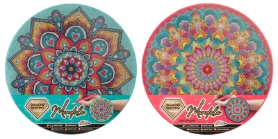 Two circular diamond painting kits with mandala designs, one in turquoise and the other in pink, are displayed side-by-side on a white background.