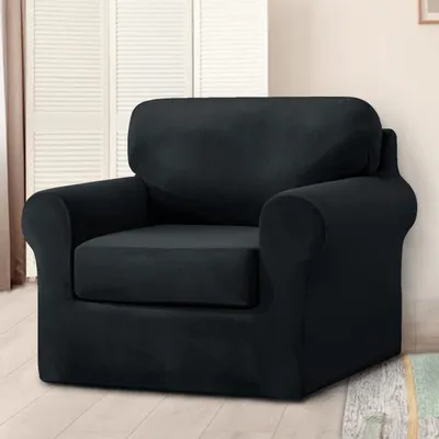 Produktbild von Samt-Stretch-Sofabezug mit separatem Rückenlehnenbezug und Sitzkissenbezug, Anti-Rutsch-Sessel-Sofa-Überzug mit Gummiband für Wohnzimmer (1-sitzer, Schwarz)