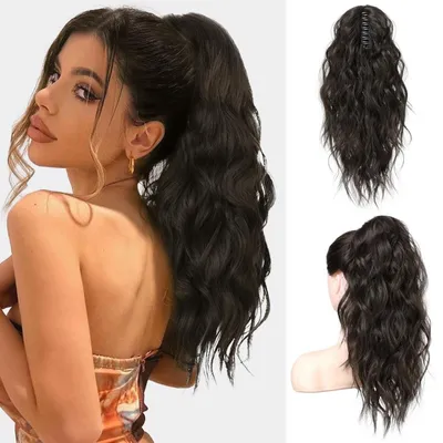 Image de Extension de queue de cheval de 46 cm, clips pour cheveux ondulés, bouclés, en noir ou en marron