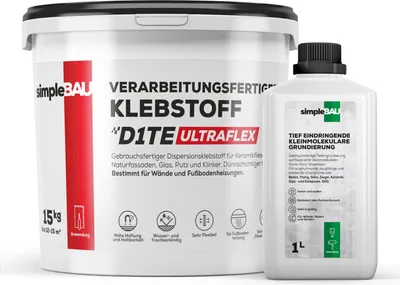Produktbild von SimpleBau Fertigfliesenkleber Universal Kleber für Gipskartonplatten, 15kg + 1l Grundierung