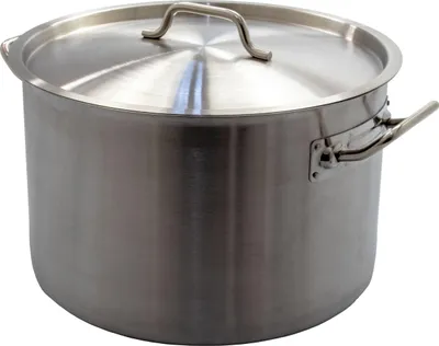 A stainless steel stockpot with a lid and handles, shown from a side angle against a white background.