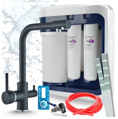 Produktbild von Ari 3-Wege-Küchenarmatur Venom, Chrom, Spültischarmatur Im Set Mit Aquaphor Ro-202S Pro Wasserfiltersystem, Untertischanlage