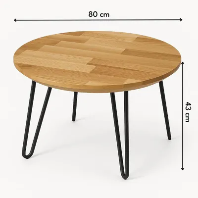 Produktbild von regalik Couchtisch Rund aus Eiche – Füße Metall schwarz, Moderner Wohnzimmertisch aus Massivholz, D 80, H 43 cm, Elegantes Design für Wohnzimmer, Robuster Beistelltisch für Sofa