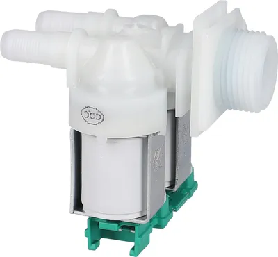 A close-up studio shot of a washing machine solenoid valve.