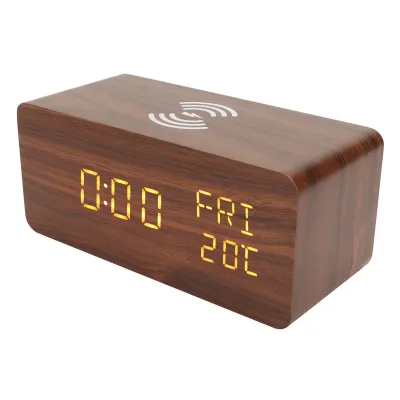Image de Réveil numérique en bois,Réveil à charge sans fil,Horloge LED en bois,Horloge LED à charge numérique,Horloges à charge sans fil en bois,Horloges électriques en bois