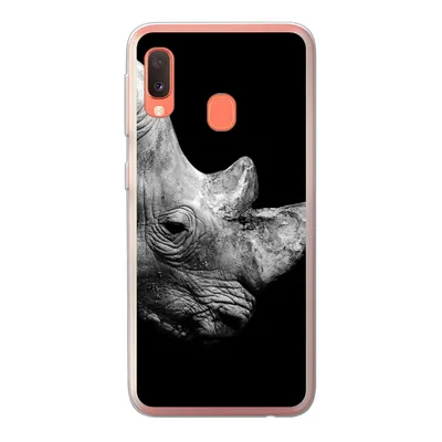 Produktbild von MuchoWow® Handyhülle Schutzhülle Hülle für Samsung Galaxy A20e Portrait Nashorn auf schwarzem Hintergrund Silikon Softcase Handy Hülle - Abdeckung