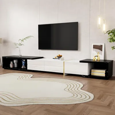 Zdjęcie produktu dla Stojak TV z regulacją wysokości 140-260 cm - 3 składane drzwi - Wygląd czarnego marmuru - Biało-czarny