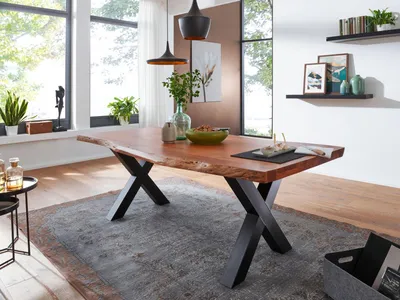 Produktbild von Tisch 160x90 Akazie Natur Baumkante X-Fuß Schwarz