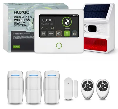 Image de Système d'alarme HUXGO avec Wi-Fi, GSM et 4G : kit comprenant une sirène solaire, 3 détecteurs de mouvement et 1 capteur de porte