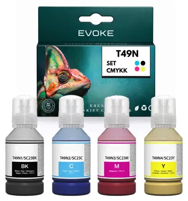 Obrázek produktu pro Kompatibilní sublimační inkoust Evoke pro tiskárny Epson T49N1, T49N2, T49N3, T49N4, 4x CMYK: černá, azurová, purpurová, žlutá, objem 560 ml, vhodné pro modely SureColor SC-F100, F500, F501, Obrázek vytvořený pomocí AI