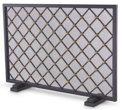 Produktbild von Casa Padrino Luxus Kaminschirm Schwarz / Vintage Messingfarben 84 x 15 x H. 57 cm - Funkenschutz mit Rautenmuster - Luxus Kamin Accessoires
